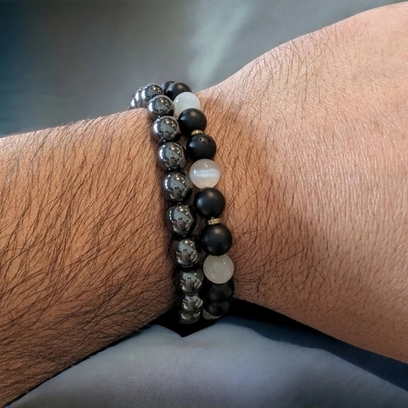 2 Piece Bracelet Stack - Hematite & Opal Bracelets - 8mm Unisex - Picture 3 of 3